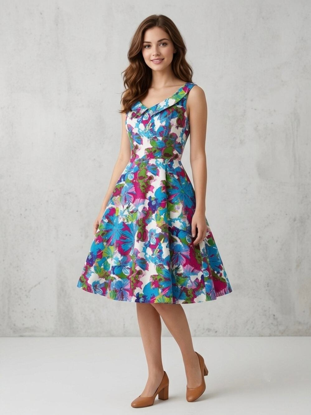 Bettie Page A-line Fold Over Collar Knee Length Dress Watercolor Print Size M